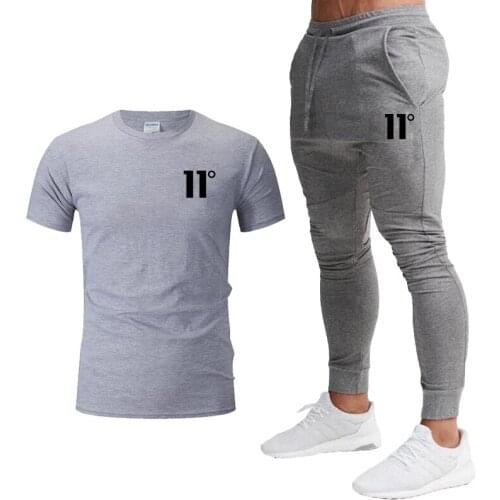 11 Degree Printing Mens Sportswear Mens T-shirt + Trousers Mens 2-piece Jogging Short-sleeved Mens Casual Cotton T-shirt