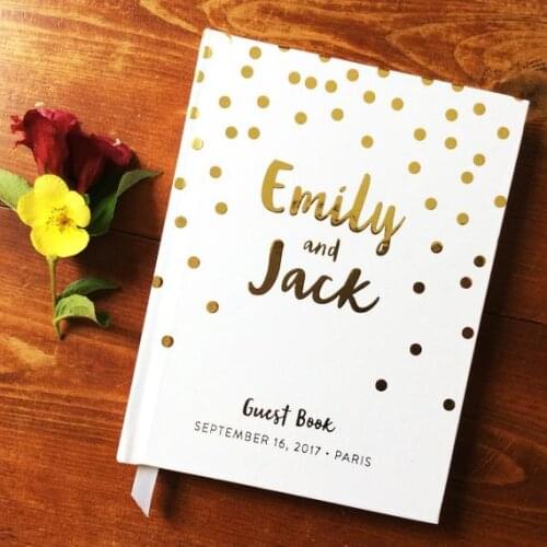 Custom Polka Dot Gold Foil Unique Wedding Guest Books guestbook Alternative Wedding scrap book with Name and Date guestbooks