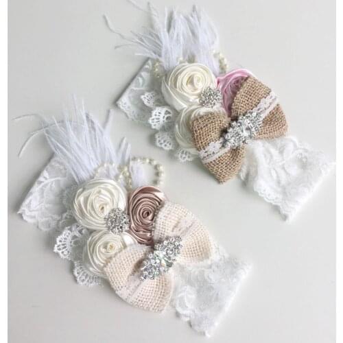Baby Girl Headbands Feather Rhinestone Lace Headband Vintage Burlap Bow Hair Band Infant Newborns Hairband Baby Accessories