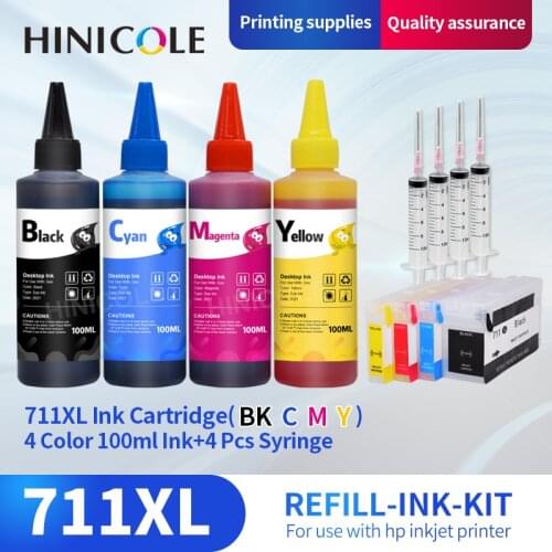 Hinicole 4 Colors For HP 711 Empty Refillable Ink Cartridge With Chip For HP DesignJet T120 T520 + 4x100ml Bottle Ink Refill Kit