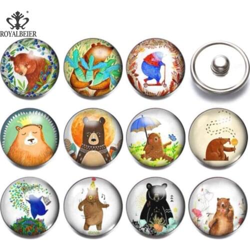 RoyalBeier 12pcs/lot Lovely Bear Button 18mm Glass Snap Button Jewelry Cartoon Charms Fit DIY Bracelet Necklace Snaps Jewelry