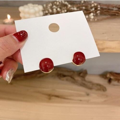 SRCOI New Trendy Geometric Round Red Acrylic Mini Ear Buckle Simple Alloy Temperament Sweet Small Earring Women Girl Jewelry
