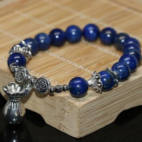 Tibet silver-color accessories 8mm charms natural blue lapis lazuli round beads diy women bracelet jewelry making 7.5inch B2068