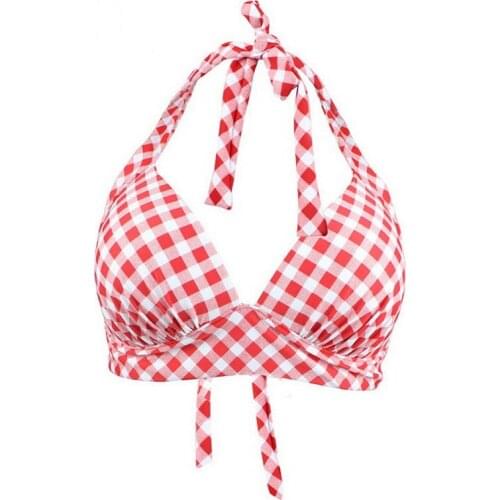 Vintage Padded Push Up Bikini Top Two Piece Separate Sexy Halterneck Pink,Black Geometric Plaid Pattern Print Bandage Plus Size