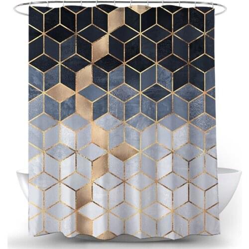 Geometric Printed Shower Curtain With Hooks 3D Marble Pattern Bathroom Curtain Hexagons Waterproof Polyester Bath Curtains