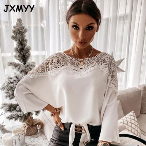 2021 fashion spring and summer long-sleeved lace stitching printed temperament shirt blouse female JXMYY