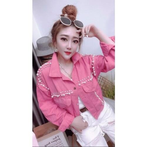 Heavy Work Diamond Pearl Beaded Denim Coats Lady Short Autumn Jacket Leisure Candy Color Jackets Womens Loose Jeans Jacket Coat