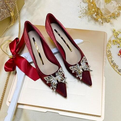 OLOMLB Womens Pointy Toe Rhinestones Crystal Butterfly Decor Satin Strange High Heel Pumps Spring Sandals Shoes New 2021