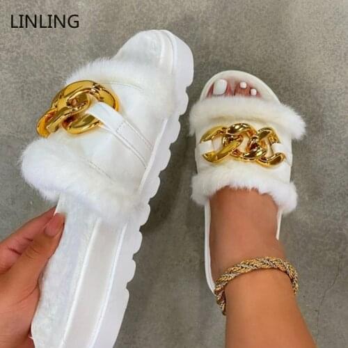 2021 Women Fur Slippers Female Chain Platform Flat Ladies Fashion Open Toe Shoes Woman Summer Non Slip Slides Womens Plus Size