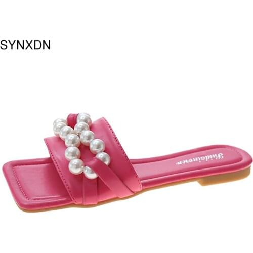 Fashion New Style 2021 Summer Flat Luxury Women Slippers Outside Rose Red Green Pearl Solid Office Girls Shoes Female Footwear