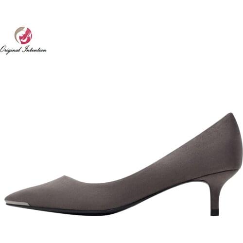 Original Intention Plus US Size 4-15 Women Pumps Flock Stylish Pointed Toe Thin Heels Pumps Beautiful Gray Red Shoes Woman