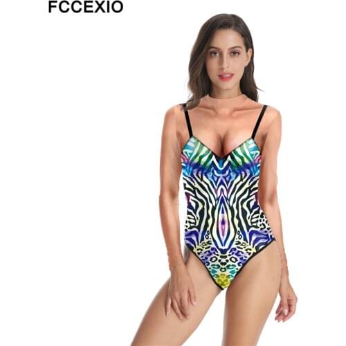 FCCEXIO Leopard Grain Together Fashion Print Zipper Bodysuits Swimsuit Long Sleeve Summer Swimwear Women Bathing Suit 2021