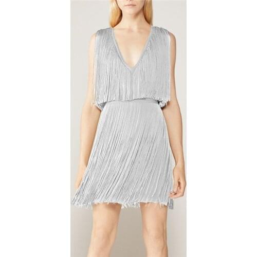 Tassel Bandage Dress For Women Sleeveless V Neck Clubwear Mini Bodycon Dresses With Fringe Silver Fashion Party Vestidos Summer
