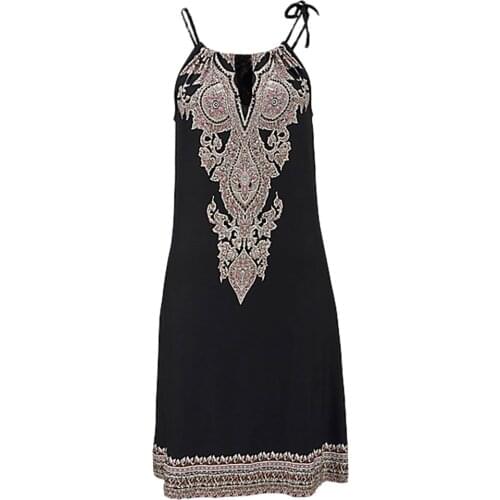 Summer NEW Fashion Women Daily Casual Halter Neck Boho Print Sleeveless Mini Beachwear Spaghetti Dress