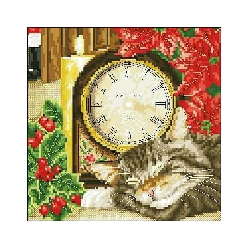 11CT counted Clock Kits embroidered paintings Cross Stitch 35*35cm Sleeping Cat Kitty CS-024CLO
