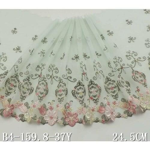 2yards 24.5cm Width Pink Green Embroidered Tulle Lace Trim Mesh Lace Trim Beautiful Lace Fabric