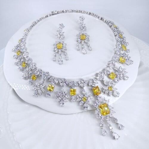 2021 new fashion luxury elegant yellow flower cubic zirconia necklace earring set,wedding bride dinner party formal jewelry set
