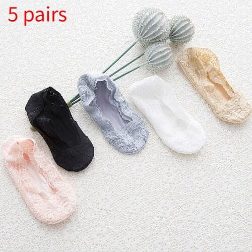 5 pairs/lot lace woman socks summer Invisible Non-slip Breathable women low cut cute sock casual solid cotton soft женский носки