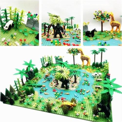 Rain Forest Parts Animal Green Grass Jungle Bush Flower Tree Plants Building Blocks DIY MOC Assemble Compatible Brands Baseplate