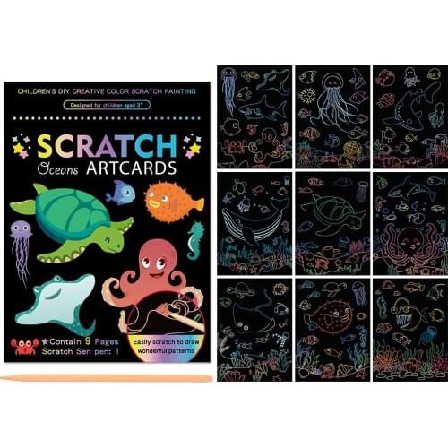 Childrens Scratch Painting Creative Magic Colorful Paper Cartoon Graffiti Board Drawing Book for Theme Birthday Party Toy Gift