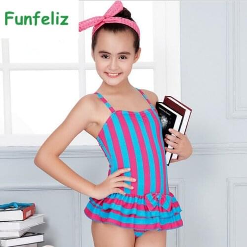 Funfeliz Girls Swimsuit one-piece swimwear Striped Swimming Suit with Skirt Teenage Girls Swimwear Kids Bathing Suit 7T-15T
