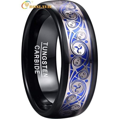 Mens 8mm Tungsten Carbide Ring with Blue Background Triple Spiral Pattern Inlaid Enagement Ring Comfort Fit Size 7-12