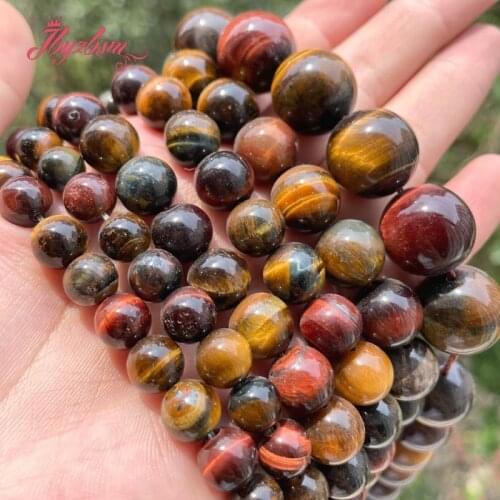 Round Smooth Multicolor Tiger Eye Natural Stone Loose BeadS for Men Women Accessories DIY Necklace Bracelet Jewelry Making 15"