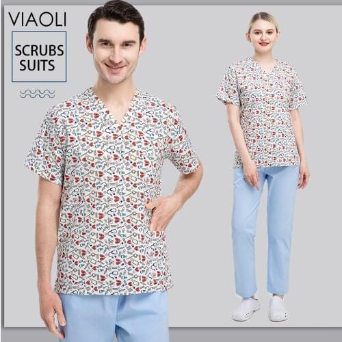 Health Dental Hospital Medical Doctor Worker Clothes Cotton Print Scrub Shirt Beauty Salon Work Uniform Lab Pet Shop Scrubs Tops