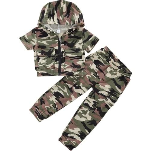 Fashion Kids Baby Girls 2-piece Outfit Set Short Sleeve Hooded Camouflage Top and Pants Set