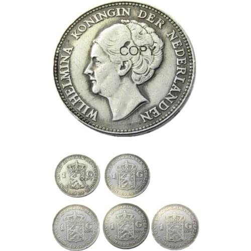 Netherlands,A Set Of(1922-1940) 5pcs 1 Gulden Wilhelmina I Silver Plated Copy Decorative Coin