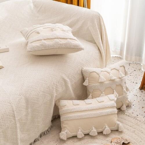 Nordic beige white tassel geometric embroidered cushion cover pillow case sofa decorative pillow covers