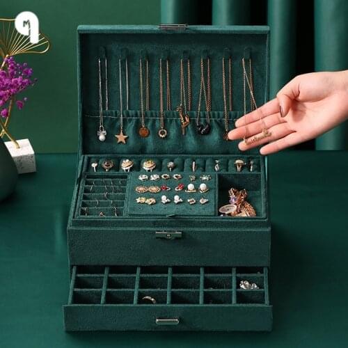 QM New Green 3-Layer Flannel Jewelry Organizer Box Necklaces Earrings Rings Display Holder Case Women Large Capacity With Lock