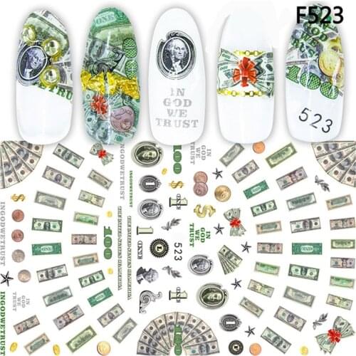 New arrived 3D Nail Stickers Decals Money Dollar Wealthy Rich Style Adhesive Stickers Nail Art Decoration Z0265