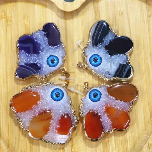 Wholesale 5pcs Handmade Natural Natural Agates Druze Evil Eye Pendant Necklace Turkish Eye Necklace Girl Luck Jewelry