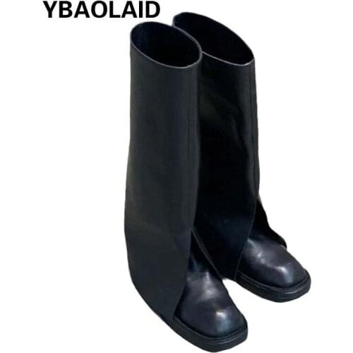 Autumn and Winter New Round Toe Solid Color Suede Cowhide Womens Knight Boots Sleeve Thick Heel Square Toe Trousers High Boots