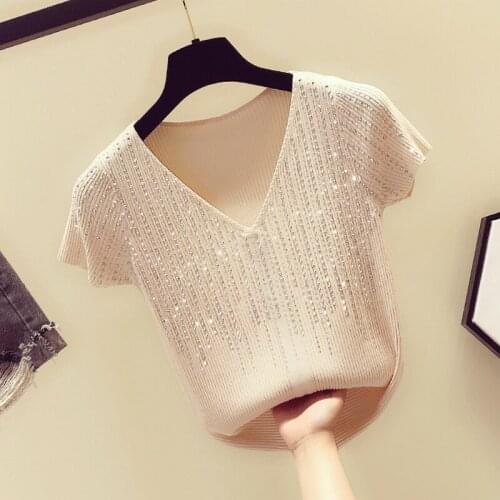 Knitted Solid Shine Beaded Women T-Shirts Summer New 2021 V-Neck Slim Elastic Short-Sleeved Office Lady Pulls Outwear Tops Tees