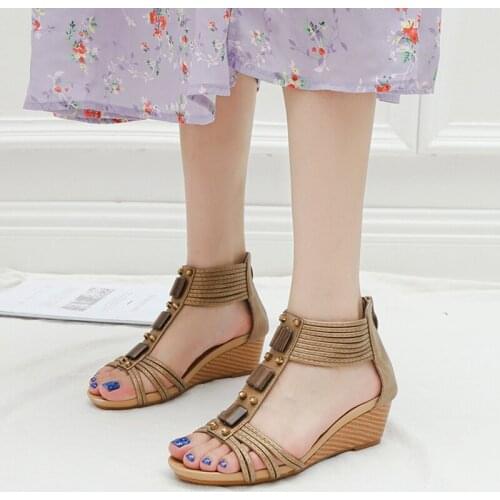 Vintage style Wedge sandals for women 2020 rhinestone Bohemia ethnic style Roman shoes mom shoes beaded shoe