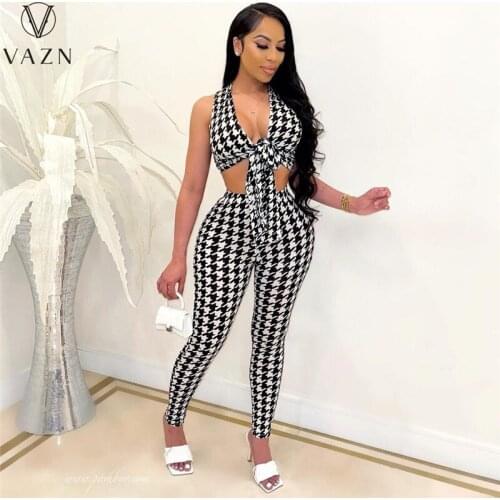 VAZN 2021 Special Fashion Elegant Sexy Plaid V-neck Two Piece Set Button 2 Piece Set Women Long Sleeve Top And Pant Summer