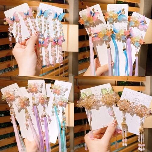 WYINYA Ethnic style ancient costume Hanfu bowknot headdress hairpin adult children tassel streamer retro hairpin accessories