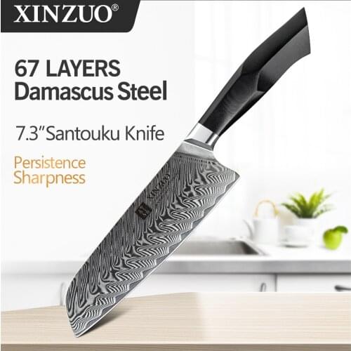 XINZUO 7.3" Knife 67 Layers High Carbon Damascus Steel Kitchen Knives with G10 + Mosaic Brass Rivet Handle Meat Santoku Knife