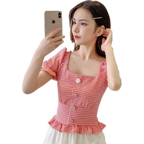 2019 Brand New Women Cute Top Square Neck Puff Sleeve Plaid Shirt Tunic Ladies Tops Summer Blouse Chemise Camisas Blusas