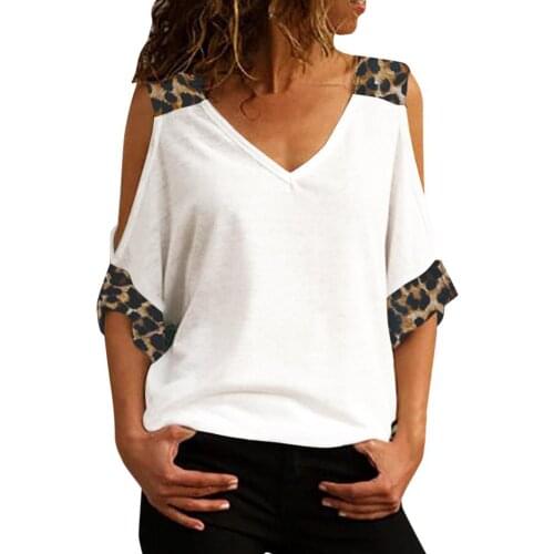 Women Fashion Half Sleeve V Neck Cold Shoulder Leopard Patchwork Summer T-shirt Blouse Streetwear Tops