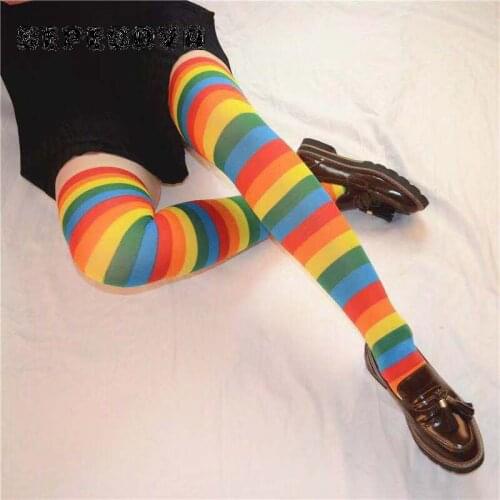 Rainbow Pattern Women Multicolor Socks Sexy Thigh High Long Plus Size Black Girls Womens Harajuku Fashion Sox