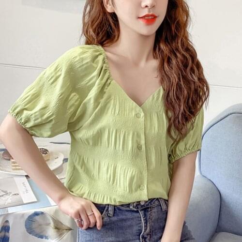 Women Spring Summer Style Chiffon Blouses Shirts Lady Casual Short Lantern Sleeve V-Neck Chiffon Blusas Tops ZZ0198