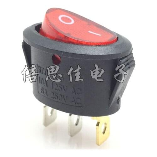10pcs/Rocker switch Ellipse Red light 3 Pin 2 files KCD1 Ship type switch
