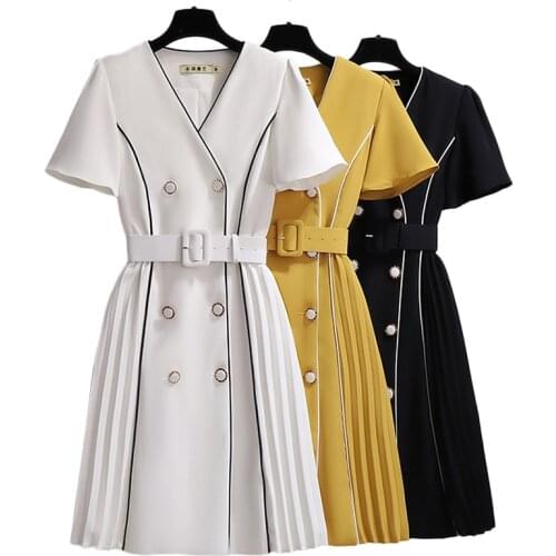 2021 Summer New Pleated Dress Women Extra Large Double-breasted Cardigan Dresses Womens Short-sleeve V-neck A-line Skirt 100KG