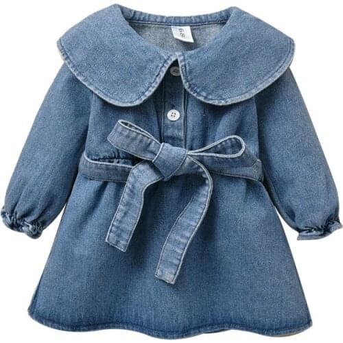 Ircomll Toddler Girl Clothing 2021 Spring Denim Dresses Big Turn-down collar sashes Girl Dress Kids Clothes For Girls 6M-24M