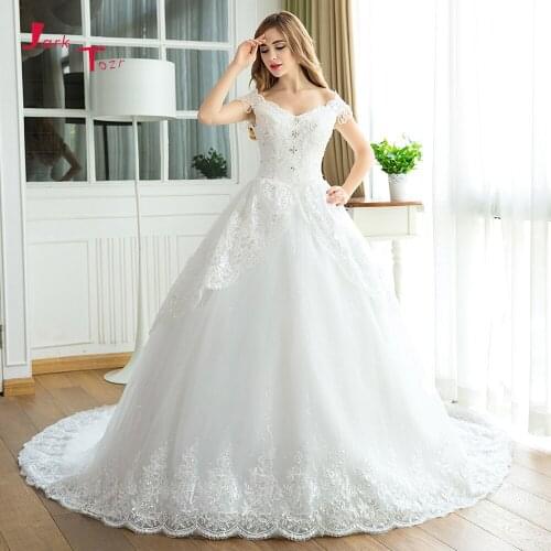 Jark Tozr Custom Made V-neck Lace Up Tassel Cap Sleeve Appliques Beading Crystal Princess Ball Gown Wedding Dress Mariage