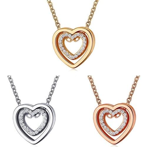 Korea Fashion 3 Colors Double Heart Pendant Necklace Simple Zircon Crystal Clavicle Chain Birthday Gifts for Women Jewelry