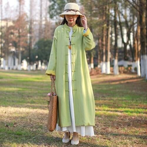 LZJN 2020 Womens New Long Trench Coat Lightweight Full Front Handmade Frog Buttons Jacket Outfit with Pockets
